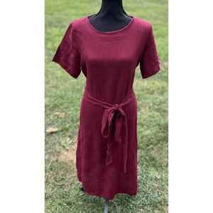 Nich‎ Linen Dress Womens Medium Burgundy Short Sleeve Belted Knee Length Pockets